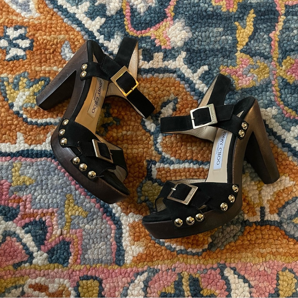 Jimmy Choo Suede and Wood Heeled Stud Sandal